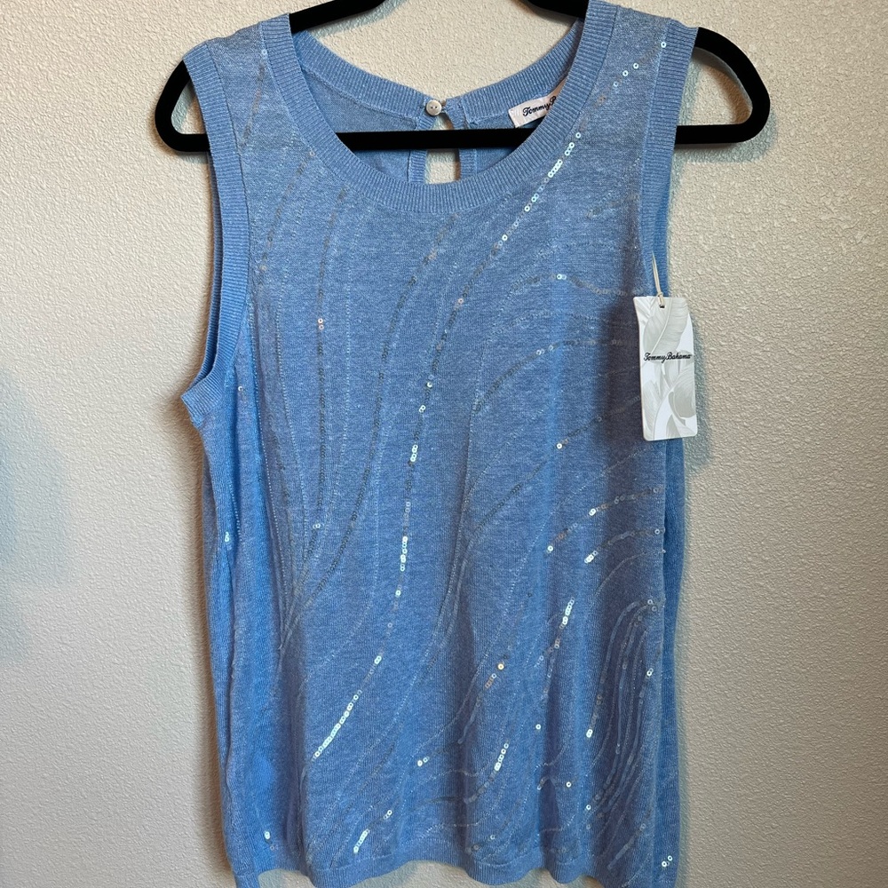 Tommy Bahama Light Blue Sleeveless Sequin Knit Top        Size Large